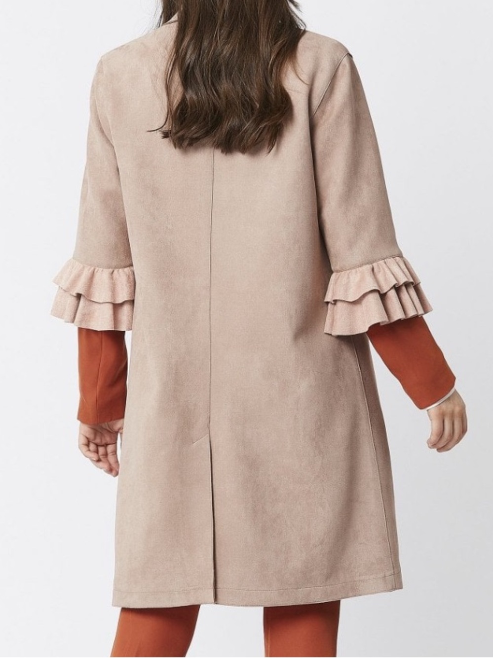 Ruffled Open Front Faux Suede Coat in Camel Made in Italy - Picture 4 of 7